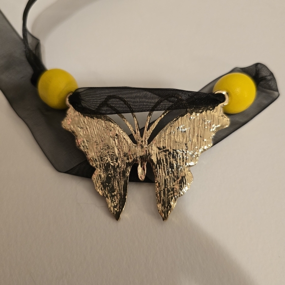 HANDCRAFTED Upcycled Black & Yellow Butterfly Necklace Choker HANDMADE Jewelry - Picture 7 of 14